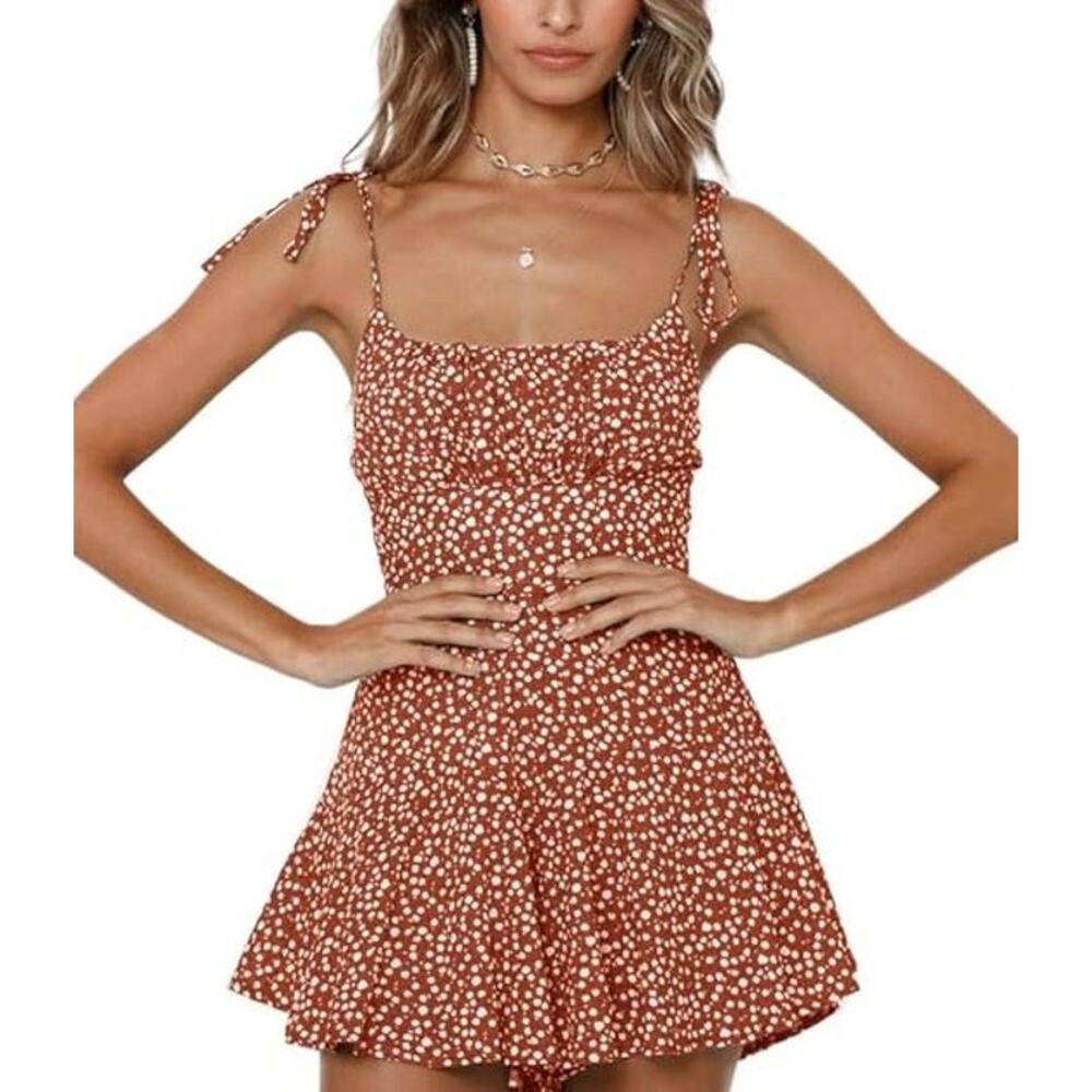Women's Red White Floral Strappy Scoop Neck Sundress Sleeveless Size M